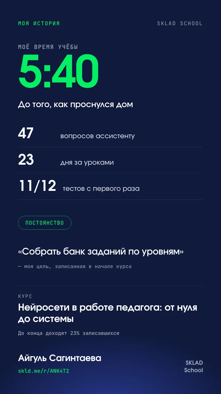 Образец карточки для сторис: любимое время учёбы, дни за уроками, значок постоянства и цель, записанная в начале курса